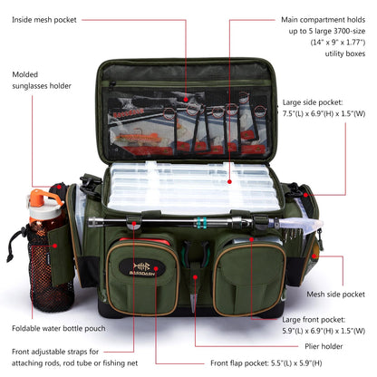 Water Resistant Lightweight Fishing Tackle Shoulder Bag by BASSDASH Durable Hard Molded Bottom Rain Cover Included - Awapuhi Camille