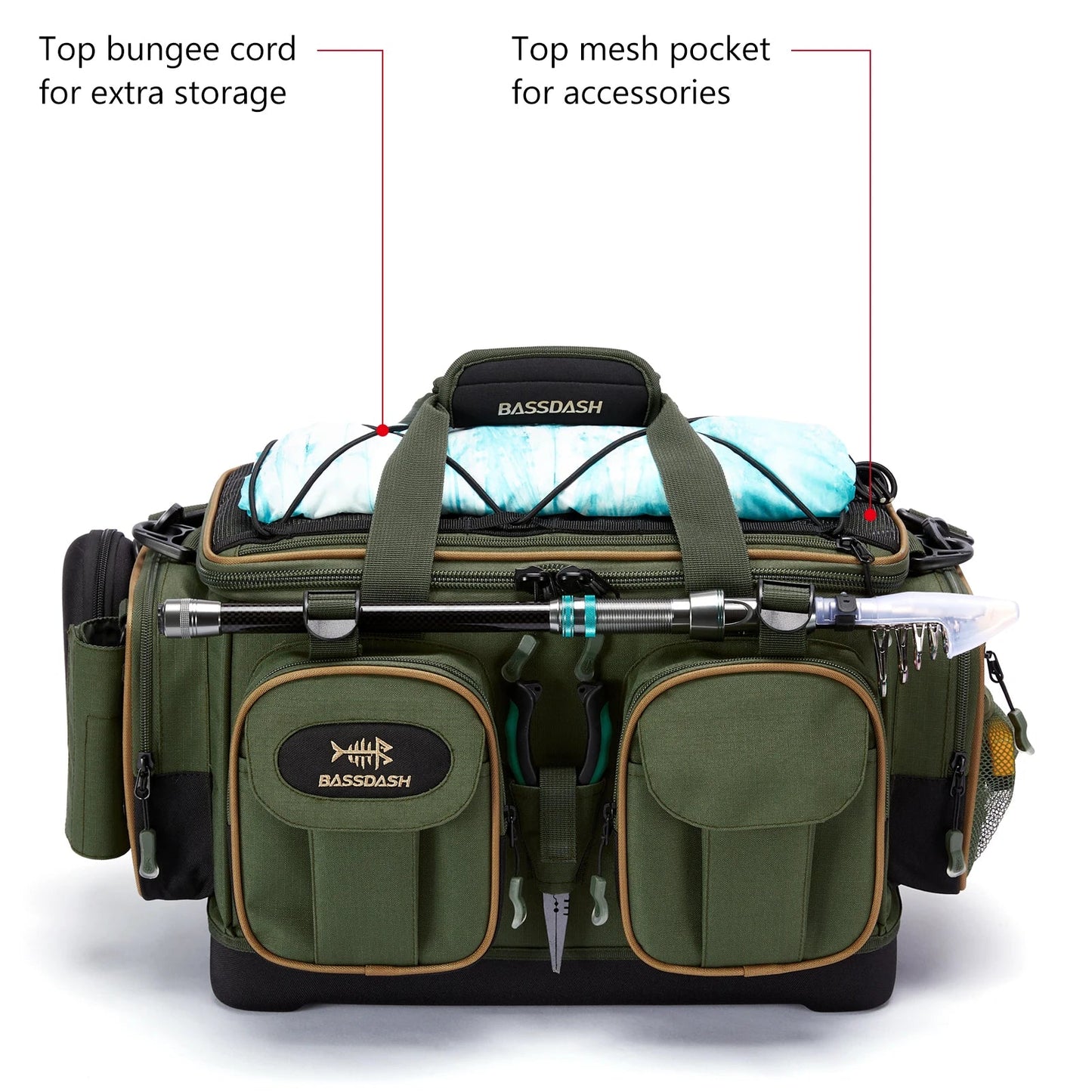 Water Resistant Lightweight Fishing Tackle Shoulder Bag by BASSDASH Durable Hard Molded Bottom Rain Cover Included - Awapuhi Camille