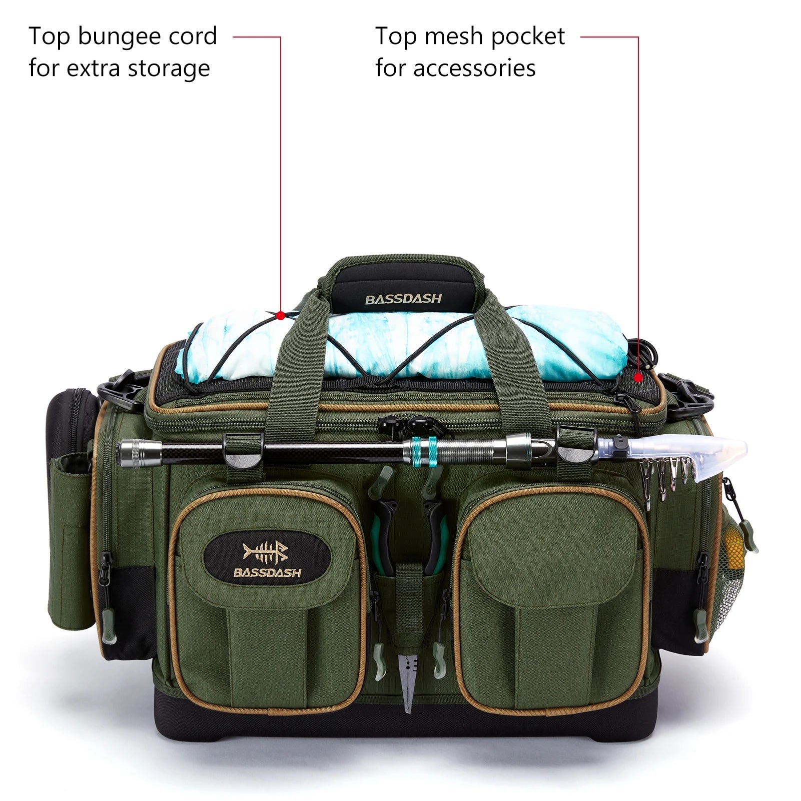 Water Resistant Lightweight Fishing Tackle Shoulder Bag by BASSDASH Durable Hard Molded Bottom Rain Cover Included - Awapuhi Camille