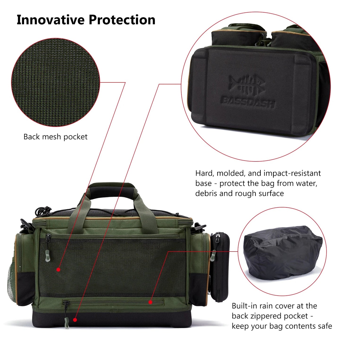 Water Resistant Lightweight Fishing Tackle Shoulder Bag by BASSDASH Durable Hard Molded Bottom Rain Cover Included - Awapuhi Camille
