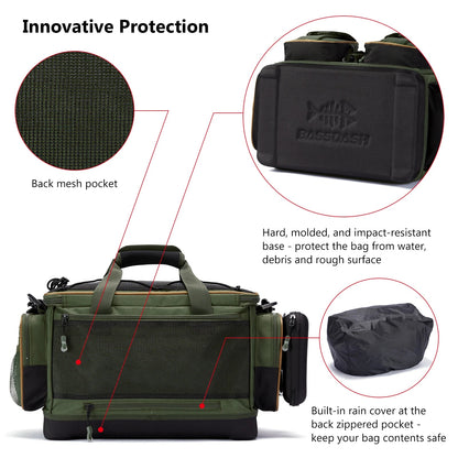 Water Resistant Lightweight Fishing Tackle Shoulder Bag by BASSDASH Durable Hard Molded Bottom Rain Cover Included - Awapuhi Camille