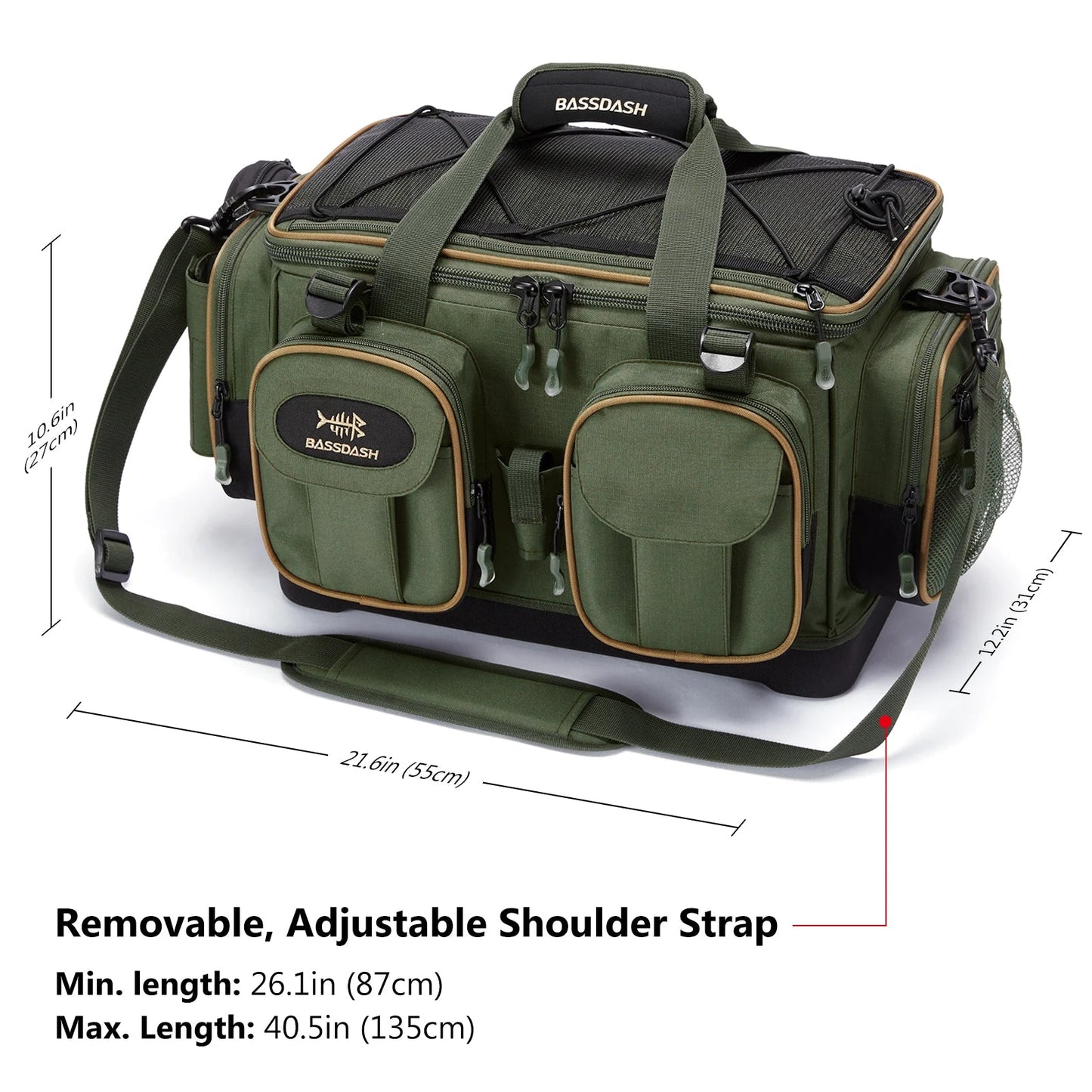 Water Resistant Lightweight Fishing Tackle Shoulder Bag by BASSDASH Durable Hard Molded Bottom Rain Cover Included - Awapuhi Camille