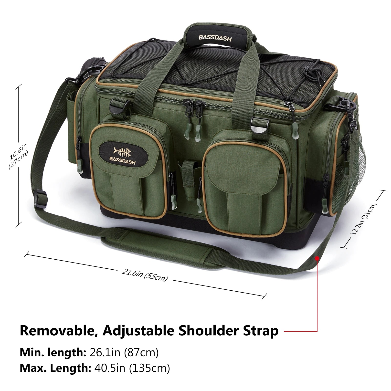 Water Resistant Lightweight Fishing Tackle Shoulder Bag by BASSDASH Durable Hard Molded Bottom Rain Cover Included - Awapuhi Camille